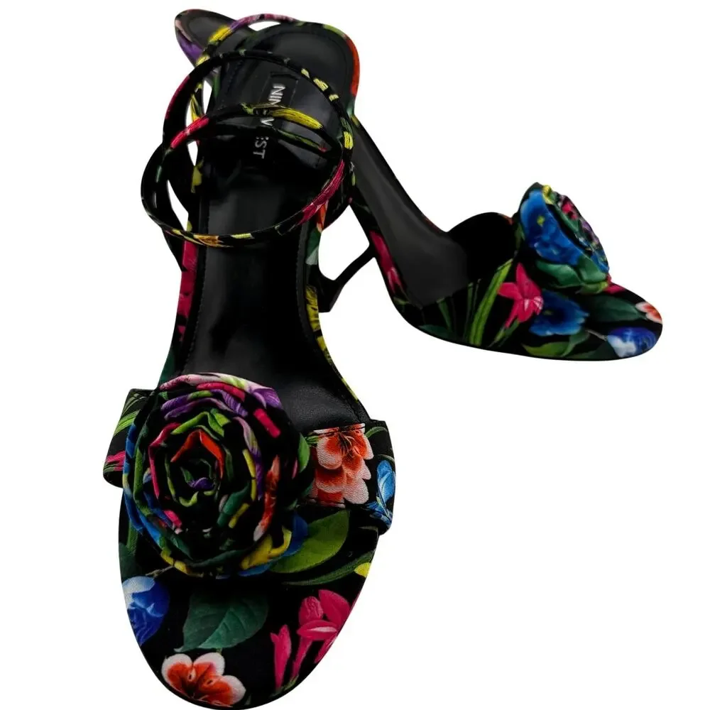 Nine West Neve Rosette Vivid Floral Ankle Strap Black Heel Sandals Size 9.5
